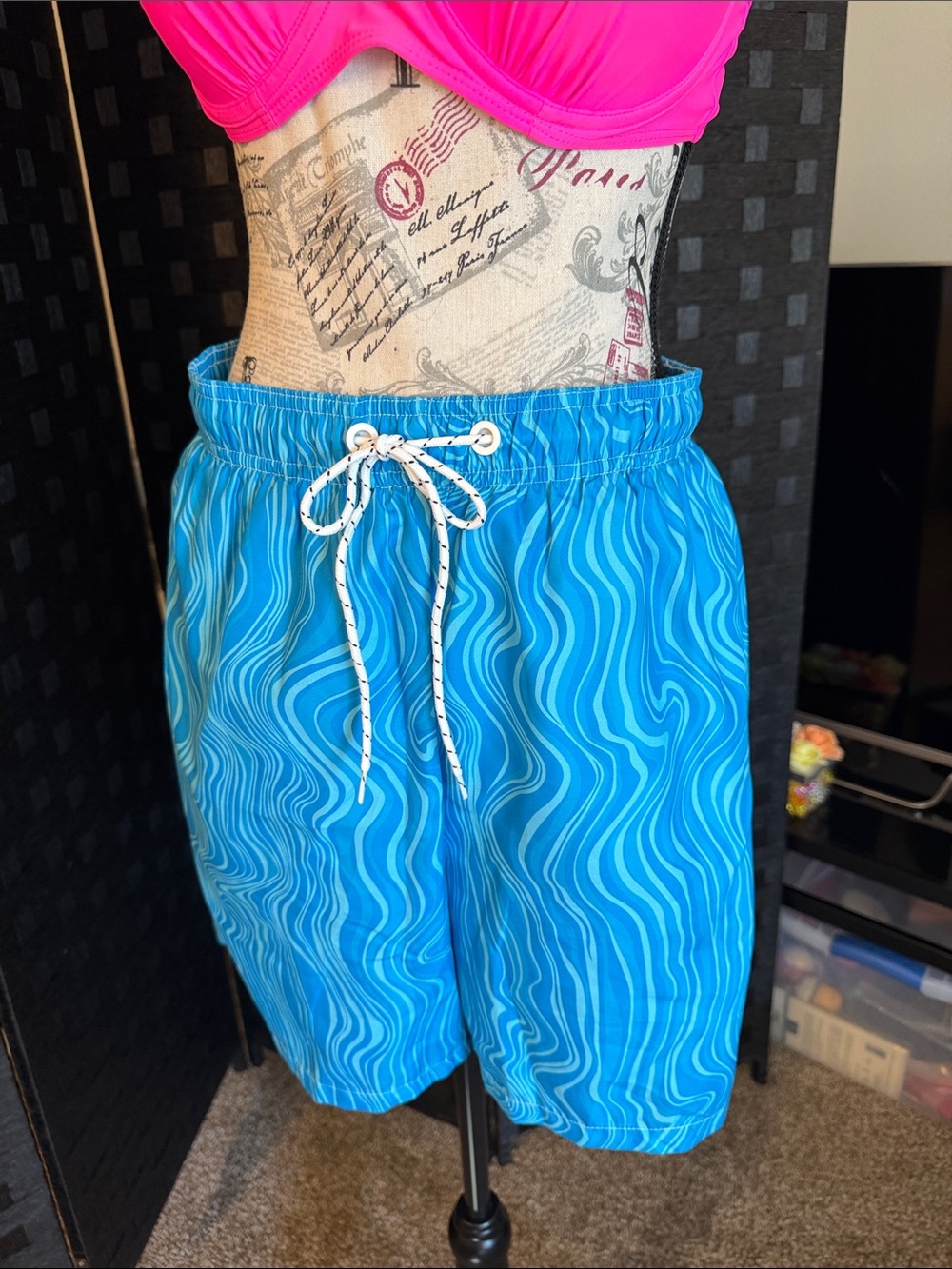 Blue Wavy Print Swim Trunks
